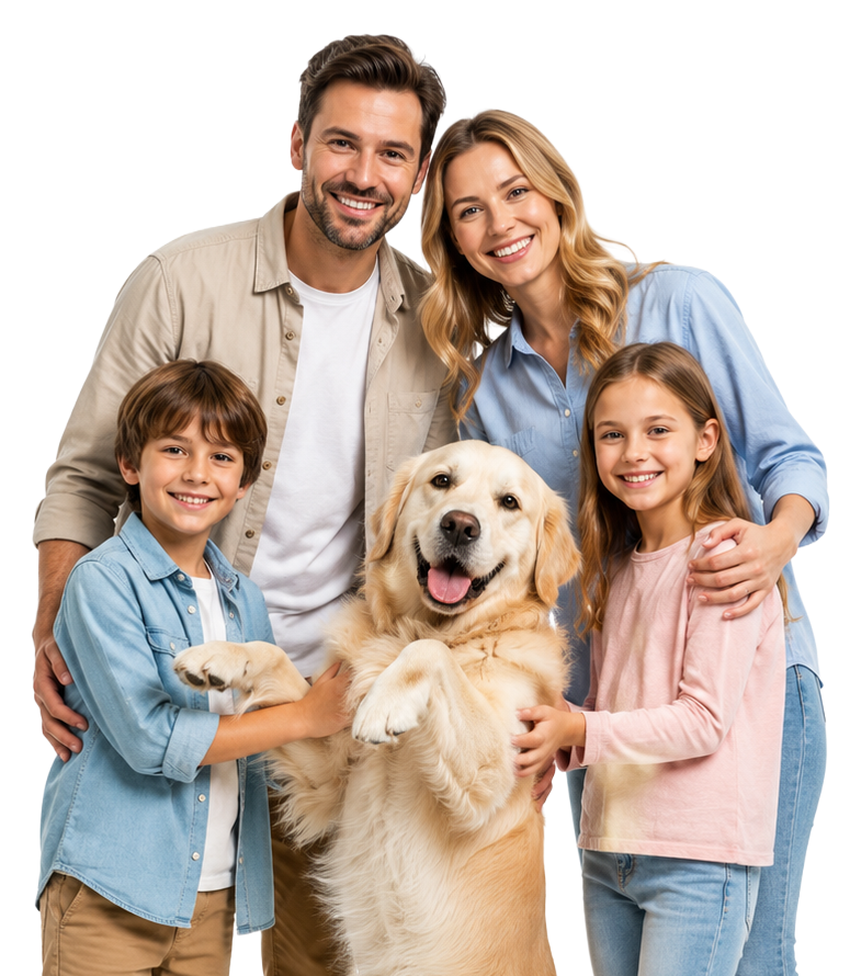 Family with their dog representing the Family plan